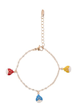 Delikatna złota bransoletka z łańcuszkiem z emaliowanymi zawieszkami w kształcie ptaków w kolorach czerwonym, niebieskim i żółtym oraz regulowanym zapięciem.