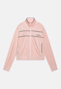 Giacca zip-up in velluto rosa con colletto alto, righe orizzontali nere, polsini elasticizzati e tasche laterali. Presenta il logo "ellesse Ski Club".