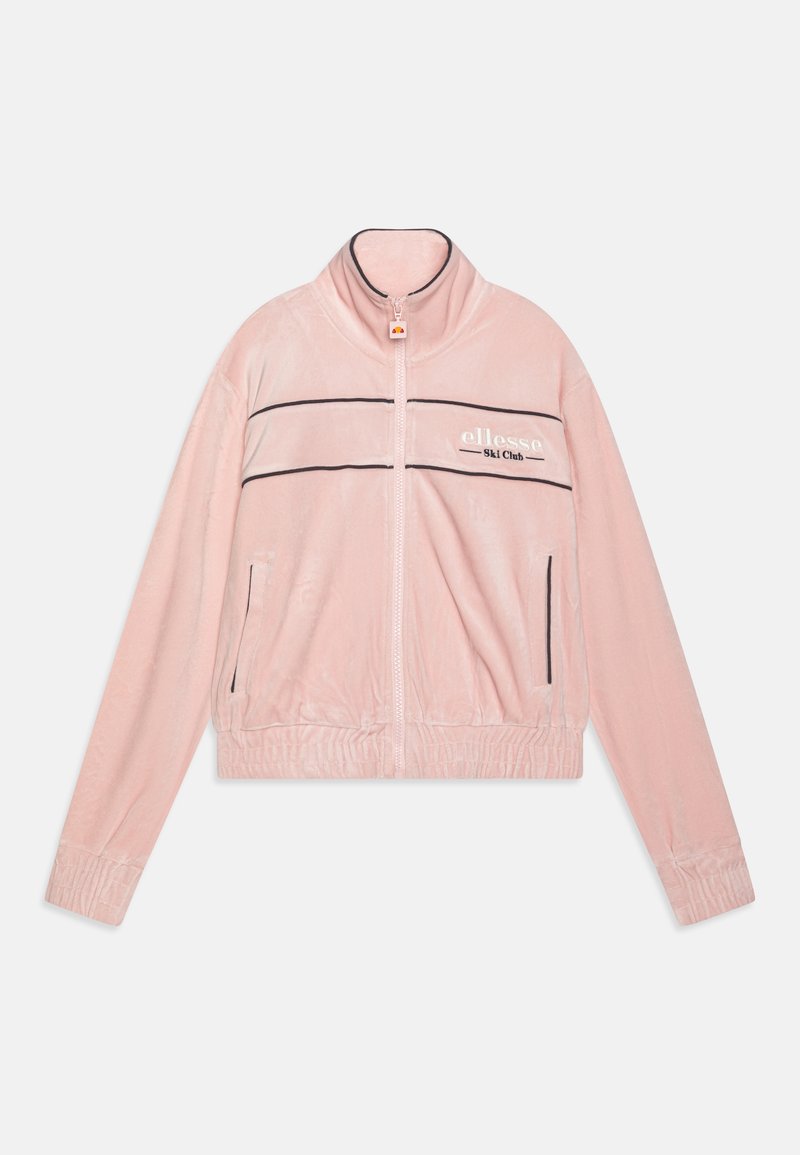 Giacca zip-up in velluto rosa con colletto alto, righe orizzontali nere, polsini elasticizzati e tasche laterali. Presenta il logo "ellesse Ski Club".