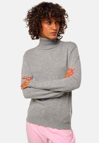 Pull à col roulé gris en matière douce, avec un design ajusté, des manches longues et des poignets et un ourlet côtelés.