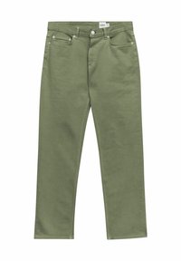 Olivgrön bomullsbukser med rak passform, med fem fickor, bältesloopar och knappstängning fram. Slät textur, minimal sömnad.