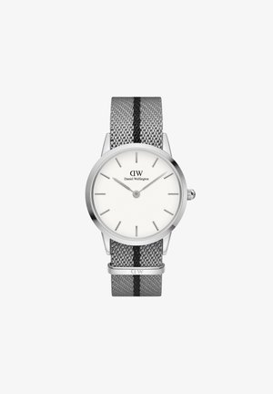 Silver stainless steel watch with a white face, gray woven strap featuring a black stripe, and minimalist hour markers.