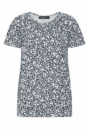 Granatowa koszula z krótkim rękawem z białym kwiatowym wzorem i okrągłym dekoltem, oznaczona jako rozmiar LTS UK 10.