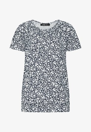 Donkerblauw shirt met korte mouwen, witte bloemenprint en ronde hals, met label LTS UK maat 10.