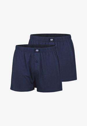 Bóxer de algodón azul marino con cinturilla elástica, abertura con botones y un pequeño logotipo en la cinturilla. Se muestran dos pares.
