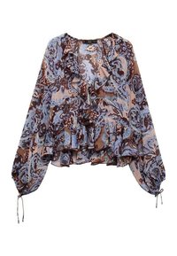 Blouse à motif floral en bleu clair, marron et rose, avec des volants, des manches longues aux poignets froncés et des détails à cordon.
