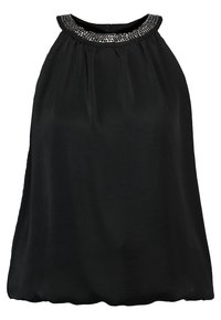 Svart utan ärmar topp med en samlad halsringning och pärlprydnader runt kragen, tillverkad av ett mjukt, flödande material.