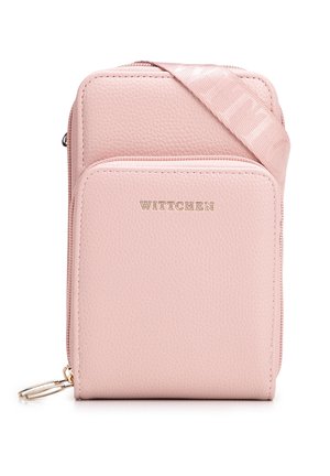 Kleine rosa strukturierte Leder-Crossbody-Tasche mit Frontreißverschlusstasche, goldfarbenem „WITTCHEN“-Logo und passendem Stoffriemen.