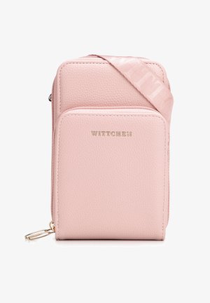 Kleine rosa strukturierte Leder-Crossbody-Tasche mit Frontreißverschlusstasche, goldfarbenem „WITTCHEN“-Logo und passendem Stoffriemen.