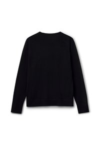 Černý svetr s dlouhými rukávy, kulatým výstřihem a žebrovaným lemem. Hladká textura s jednoduchým, čistým designem. Žádné viditelné logo ani vzory.