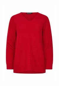 Czerwony sweter robiony na drutach z dekoltem w serek, długimi rękawami, ribbową fakturą i luźnym krojem. Posiada lekko przedłużony tylny brzeg i boczne rozcięcia.