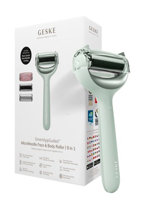 SmartAppGuided mikro-nål ansigts- og krop-roller med tre udskiftelige hoveder inklusive rosenkvarts, vist sammen med produktets emballage.