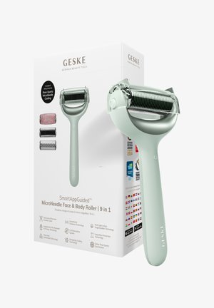 SmartAppGuided micro-naald gezicht- en lichaamsroller met drie verwisselbare koppen, waaronder rozenkwarts, getoond naast de productverpakking.
