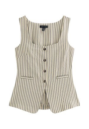 Mouwloos beige vest met verticale dunne zwarte strepen, vier donkere knopen aan de voorkant en twee kleine horizontale zakken.