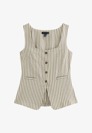 Chaleco beige sin mangas con finas rayas negras verticales, cuatro botones oscuros en el frente y dos pequeños bolsillos horizontales.