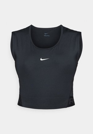 Top corto senza maniche Nike Pro, tessuto nero, design aderente, scollatura tonda, con logo bianco sul petto, pannello testurizzato ai lati.