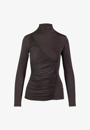 Donkerbruin lange mouwen top met hoge kraag, met diagonale ruche over de voorkant voor textuurdetails. Zachte stof.