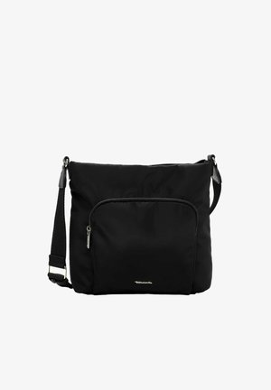 Zwarte nylon schoudertas met een ritssluiting voorvak, verstelbare band en zilveren accenten. Heeft een gladde textuur en een minimalistisch ontwerp.