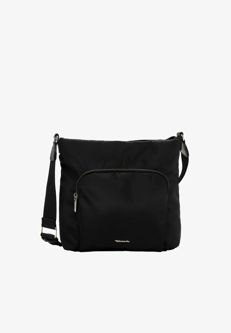 Melna neilona plecu soma ar rāvējslēdzēja priekšējo kabatu, regulējamu siksnu un sudraba detaļām. Raksturo gluda tekstūra un minimālistisks dizains.