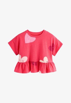 Pinkes T-Shirt mit kurzen Ärmeln und gerafftem Saum, verziert mit Cartoon-Herzmotiven in verschiedenen Pink- und Weißtönen. Glattes Baumwollmaterial.