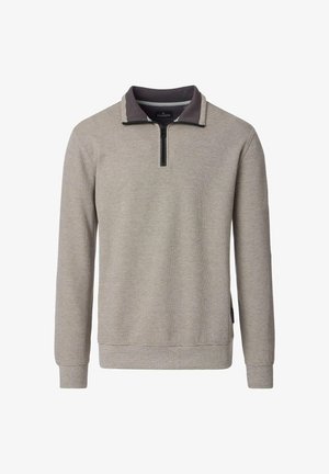 Hellgrauer Pullover aus strukturiertem Stoff, mit dunkelgrauem Reißverschlusskragen, langen Ärmeln sowie einem gerippten Saum und Bündchen.