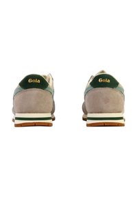 Sneaker in suede grigio e verde con suole a strisce bianche e verdi. Presenta un logo dorato e una forma a punta tondeggiante. Semplice e funzionale.