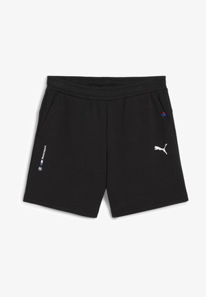 Musta urheilushortsit, joissa on joustava vyötärö, sivutaskut ja valkoinen Puma-logo; siinä on BMW Motorsport -brändäys sinisen, punaisen ja valkoisen väri-inspiraationa.