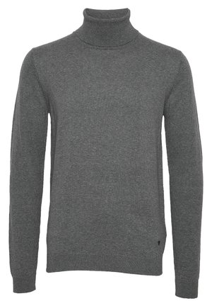 Maglione grigio a collo alto realizzato in un tessuto a maglia texturizzato. Presenta maniche lunghe, polsini a coste e un discreto dettaglio con logo sull'orlo.