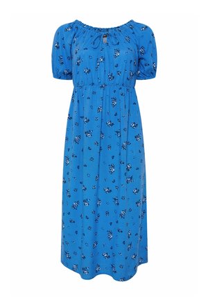 Abito midi blu con maniche corte a sbuffo, stampa floreale, vita raccolta e dettaglio con fiocco al girocollo.