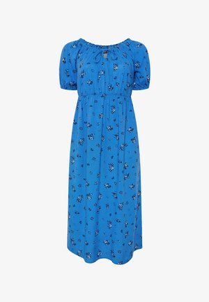 Abito midi blu con maniche corte a sbuffo, stampa floreale, vita raccolta e dettaglio con fiocco al girocollo.