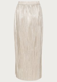 Jupe midi plissée métallisée en argent clair. Dotée d'une taille élastique et d'une silhouette droite avec une fente latérale. Texture réfléchissante.