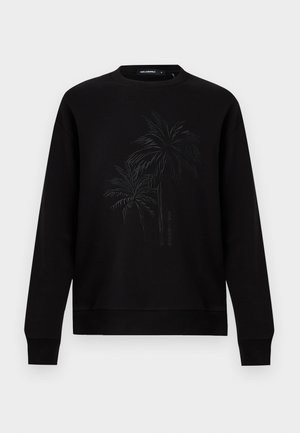 Sort, langærmet sweatshirt med rund hals, med et diskret præget palmetræsmotiv og en lille, lodret tekst med mærkenavnet midt for.