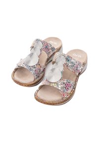 Multicolored slide sandals with cut-out pattern, silver circular accents, cork sole, and beige insole, offering an open-toe design.