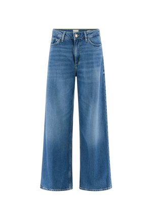 Hochtaillierte, weit geschnittene Jeans in hellblauem Denim mit subtilen Ausbleichungen, fünf Taschen und Knopfverschluss vorne. Glatte Textur und gerader Schnitt.