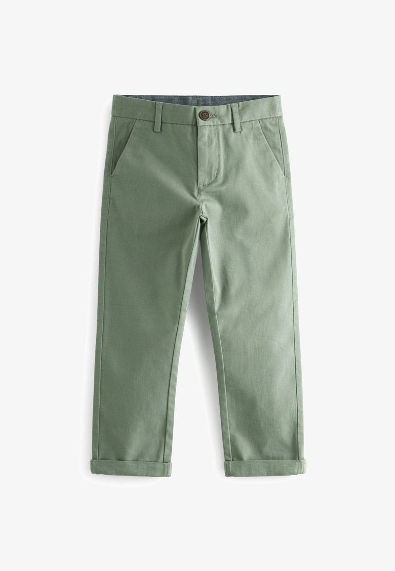 Pantalon en coton vert avec passants de ceinture, poches avant, fermeture par boutons et ourlets retroussés, vu de face sur fond blanc.
