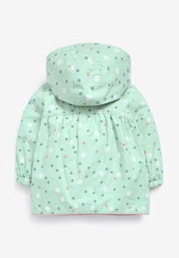 Impermeabile verde menta con cappuccio, caratterizzato da pois multicolori in bianco, rosa e grigio, polsini elasticizzati e design svasato.