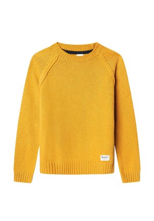 Senfgelber Rundhals-Strickpullover mit langen Ärmeln und gerippten Bündchen und Saum, mit einem kleinen weißen Markenlabel nahe dem Saum.
