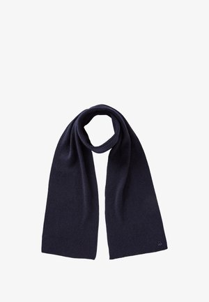 Sciarpa blu navy realizzata in tessuto morbido, con una texture liscia e un design semplice. Logo piccolo e distintivo nell'angolo.