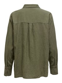 Chemise vert olive à manches longues avec poignets boutonnés et pli central au dos, vue de dos.
