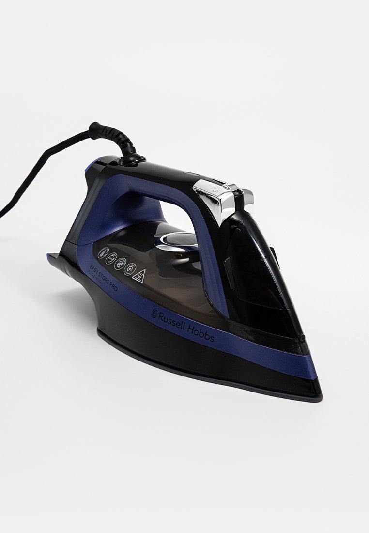 Plancha de vapor negra y azul con base triangular, diseño ergonómico, acentos en cromo y botones de control en el lateral. Cable eléctrico adjunto.