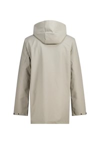 Light beige waterproof jacket with a hood, featuring a simple, straight design and snap closures at the cuffs. Smooth, matte texture.