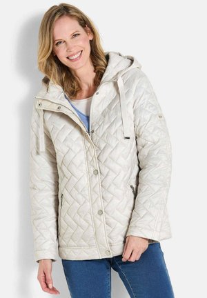 Gequilted, lichtgekleurde jas met capuchon, voorzien van drukknoopsluiting, ritszakken en contrasterende stiksels.