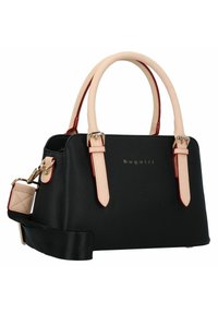 Borsa nera in tessuto con manici beige e dettagli rossi. Presenta una tracolla removibile e un logo dorato sul davanti. Forma rettangolare compatta.