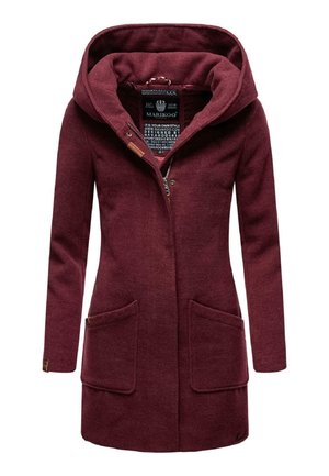 Manteau long bordeaux pour femme avec grande capuche, fermeture éclair devant, fermeture par boutons-pression et deux poches plaquées devant.