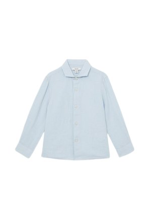 Lichtblauw shirt met lange mouwen, knopen en kraag, plat neergelegd met uitgestrekte mouwen.