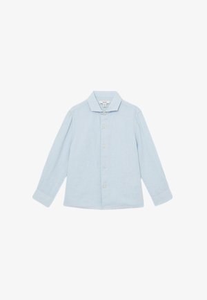 Lichtblauw shirt met lange mouwen, knopen en kraag, plat neergelegd met uitgestrekte mouwen.