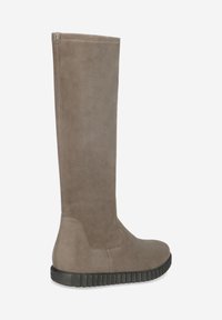 Knee-high, taupe suede boots with a textured surface and a ribbed black rubber sole. Features subtle stitching detail and a logo accent.
