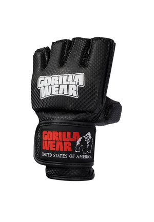 Black, fingerless training glove made of textured material. Features white and red logos and a secure wrist strap for support.