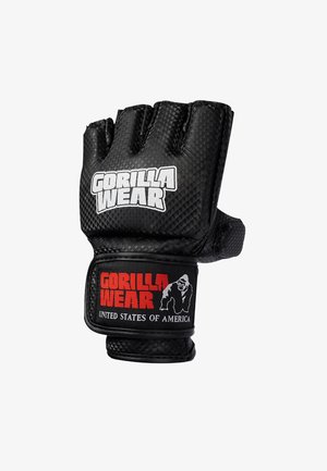 Gant d'entraînement noir sans doigts en matériau texturé. Présente des logos blancs et rouges ainsi qu'une sangle de poignet sécurisée pour le soutien.