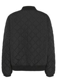 Veste bomber matelassée noire avec col et poignets en côtes, ornée d'un motif en losanges et d'une taille élastique pour un look ajusté.